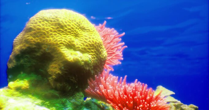 Brightly colored coral structures coexist with striking pink sea anemones in a thriving underwater ecosystem filled with diverse marine life. This thriving habitat showcases natures beauty.