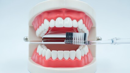 Demonstration of dental model with toothbrush for cleaning teeth