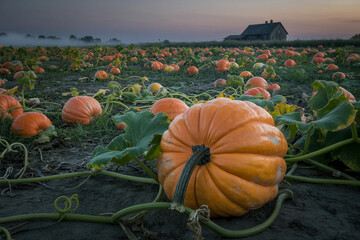 Large orange pumpkin growing in a field during the autumn harvest season