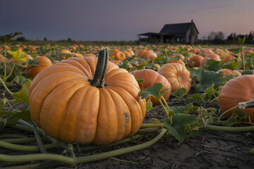 Large orange pumpkin growing in a field during the autumn harvest season