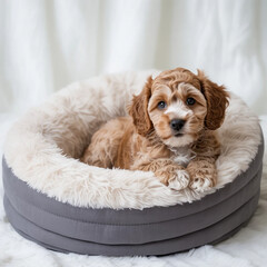 Adorable brown and white puppy relaxing in a fluffy dog bed