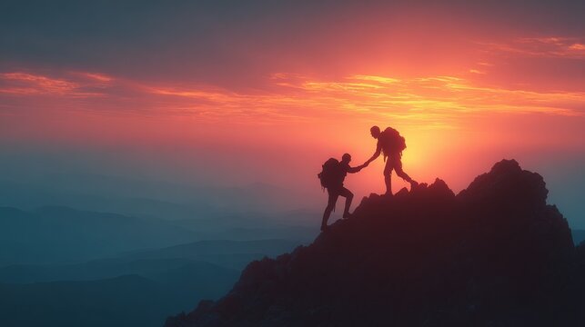 silhouette of two hikers helping each other on a mountain at sunset