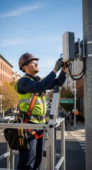 Technician working on wireless telecommunication equipment on a utility pole. Engineer installing 5G cell small antenna for high-speed network.