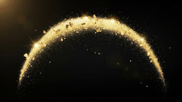 Sparkling arc of golden glitter particles and dust on a black background