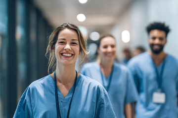Portrait of a cheerful female medical professional in scrubs smiling in sharp focus, with her diverse and blurred colleagues walking behind her in a hospital corridor.