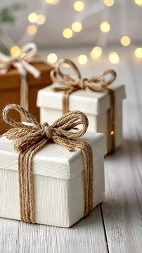 Festive gift boxes with twine bows against a glowing bokeh background