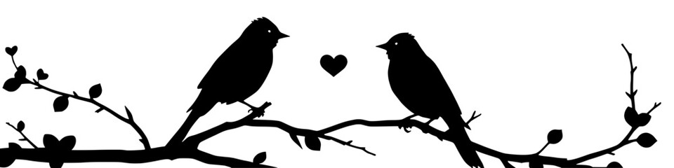 Romantic Love Birds Silhouette on Branch with Heart