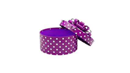 Purple Polka Dot Gift Box Open on White Background