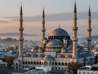 Fototapeta premium Grand Mosque at Dawn with Minarets and Domes Amidst Misty Landscape