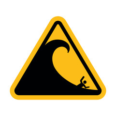 Tsunami Hazard Zone Vector Sign on White Background. Safety Warning Flat Icon. Black Ocean Wave Silhouette and Person on Yellow Triangle. 
