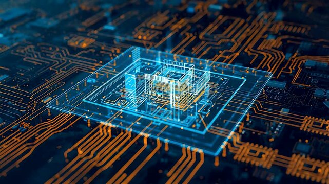Glowing blue quantum processor chip on intricate orange circuit board with electronic pathways macro view