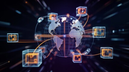 Global logistics network with digital packages orbiting Earth
