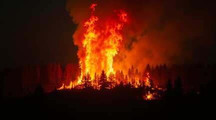 Forest fires at night in summer. The danger of wildfires