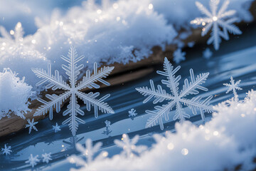 Closeup of frozen snow and frost covered pine and fir tree branches against a blue sky, capturing the essence of the winter season