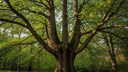 Obraz premium Tree with multiple equal branches growing from one trunk, shared growth.