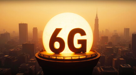 6G sign on the roof of a skyscraper with a circular backlight in a metropolis. Concept of future communications