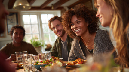 Smiling young African American woman in sharp focus enjoying a meal and engaging in a cheerful conversation with her diverse friends and family during a dinner party.
