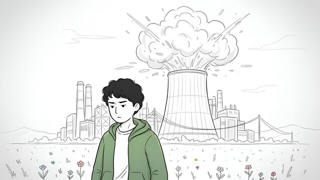 Young man calmly facing nuclear plant explosion with flowers around