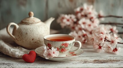 Fototapeta premium Vintage Floral Tea Set with Cherry Blossoms and Heart Decoration