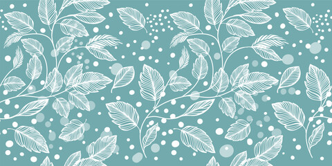 Seamless pattern of white leaves on a blue background with snow. Hand drawn. Not AI, vector illustration.