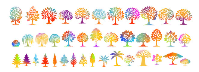 colored fruit tree cartoon set. A set of different trees. Hand drawn. Not AI, vector illustration.