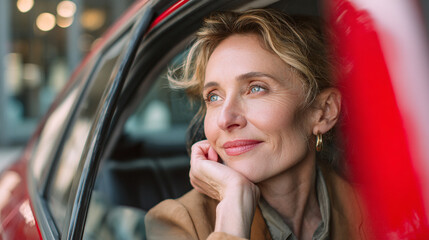 Pensive mature businesswoman sitting in car looking out window