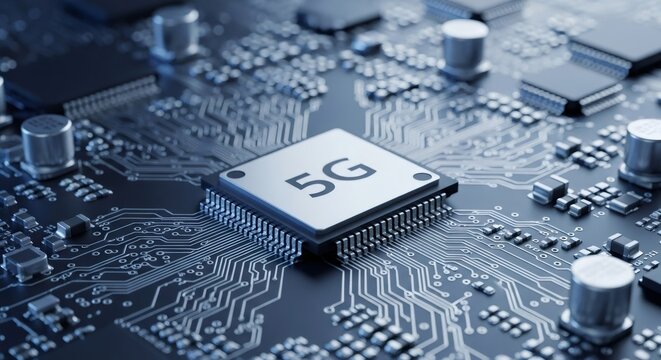 Central 5G processor on a circuit board. High-speed mobile network technology for global communication and future connectivity. - Powered by Adobe