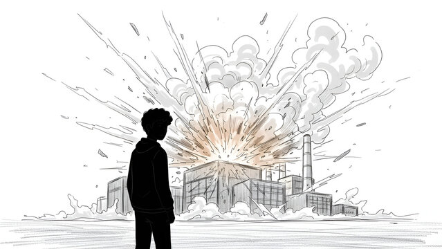 Young man silhouette watching massive factory explosion in distance
