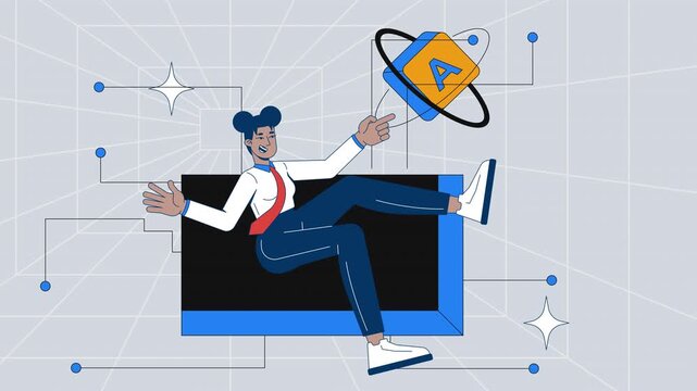 Entering digital library dimension with computer key 2D mixed media animation. Tech user in cyberspace. Virtual immersion access animated collage cartoon flat concept 4K video creative stop motion