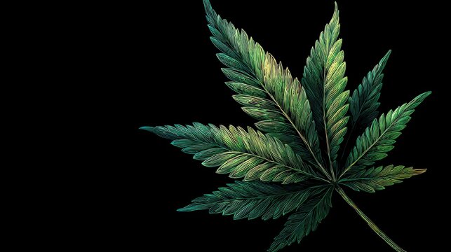 A detailed, stylized painting of a cannabis leaf, showcasing vibrant greens, yellows, and a touch of light against a black backdrop