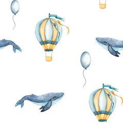 Seamless pattern with hot air balloons, balloons and whale. Childish wallpaper air balloons and Blue whale. Watercolor illustration of floating balloons for kids goods, kids wallpaper, wrapping paper