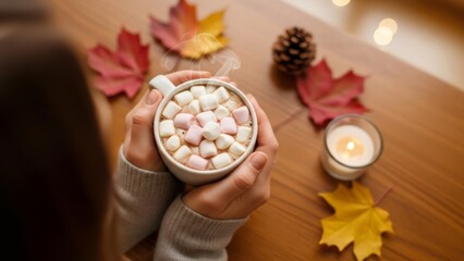 Woman hands holding cup of hot chocolate with marshmallows. Cozy autumn season drink for comfort and warm feeling. Holiday beverage concept.