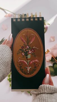 hands holding a dark green vintage-style notebook featuring ornate gold floral artwork, styled with soft petals, greenery, and a calm, refined aesthetic.