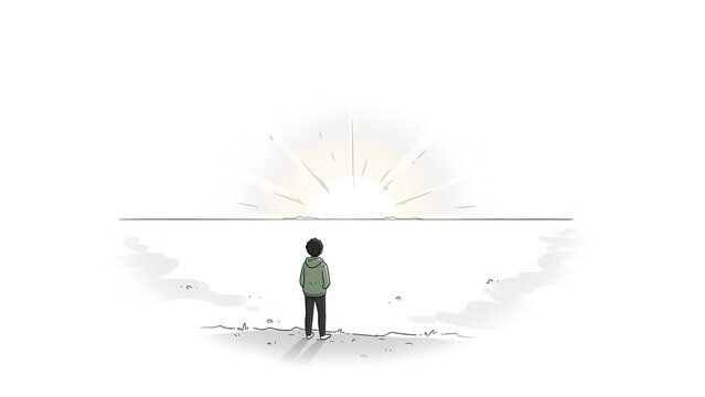 Young man standing facing bright radiant light on endless horizon line
