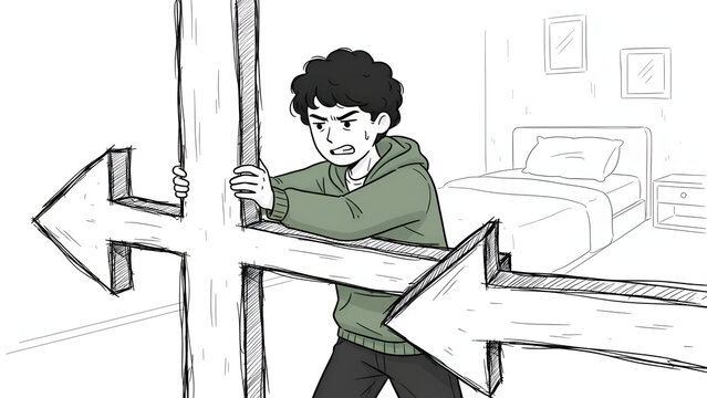 Young man struggling to hold large wooden cross-shaped direction arrows