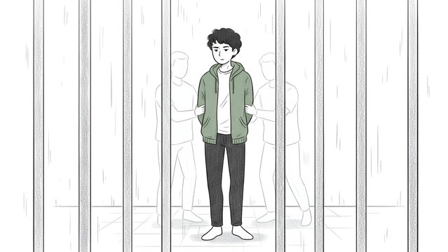 Young man trapped behind transparent vertical glass panels with shadows