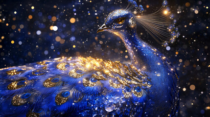 Cinematic stylized peacock with sleek metallic feathers and golden accents, glowing under winter night sky, palette of deep blue, radiant silver, and gold, luxury seasonal artwork, AI generated