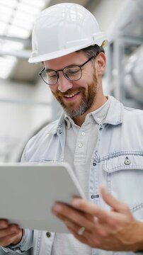 A man wearing a hard hat and glasses is smiling while looking at a laptop. He is happy and content with whatever he is doing on the computer