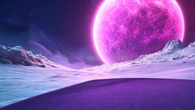 Majestic alien landscape unveiling beneath a vibrant pink planet at dusk