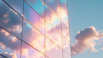 Modern glass facade with vibrant sunset reflection, palette of neon magenta, emerald green, and golden highlights, trendy festive architectural concept, AI generated