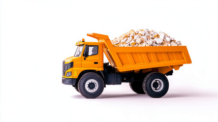 Orange dump truck loaded with assorted construction debris and materials, isolated on a clean white background in side view industrial vehicle concept highlighting heavy machinery, building industry
