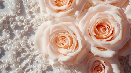 Photorealistic pink roses with pearls on delicate lace background, palette of blush pink, ivory white, and soft gold, elegant floral design, AI generated