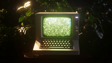 Photorealistic vintage computer glowing with green text on dark background, palette of emerald green, graphite gray, and soft neon, retro technology concept, AI generated