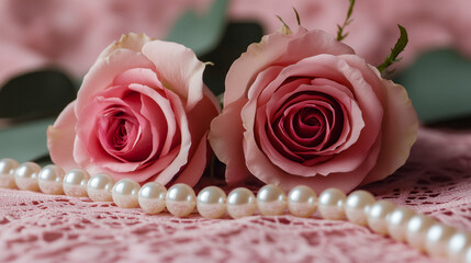 Pink roses with pearls on lace background, palette of vivid magenta, ruby red, and shimmering pearl