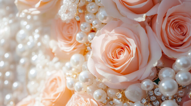 Pink roses and pearls arranged on lace background, palette of pastel pink, champagne gold, and pearl white, AI generated
