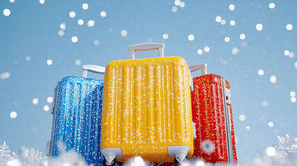Three vibrant suitcases in orange, yellow, and blue surrounded by sparkling lights and snowflakes, AI generated
