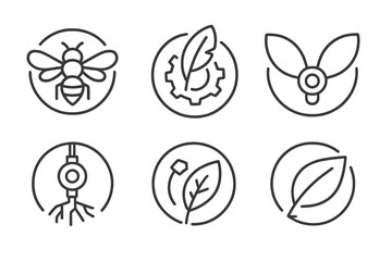 Fototapeta premium Nature Robotics Icons. Line style round vector icons of Nature Robotics: insect drone, feather gear, petal wing, shell bolt, root