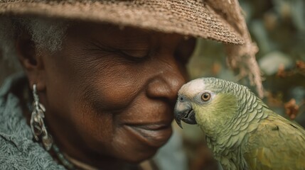 elderly african american woman enjoying time with a pet parakeet parrot in a garden concept of senior lifestyle pet care relaxation outdoors