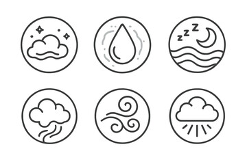 Dreamy Fog Icons. Line style round vector icons of Dream Fog: lucid haze, pale droplet, sleeping wave, night vapor, soft curl,