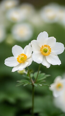 Obraz premium Close up of white flowers with yellow centers in a lush green garden setting